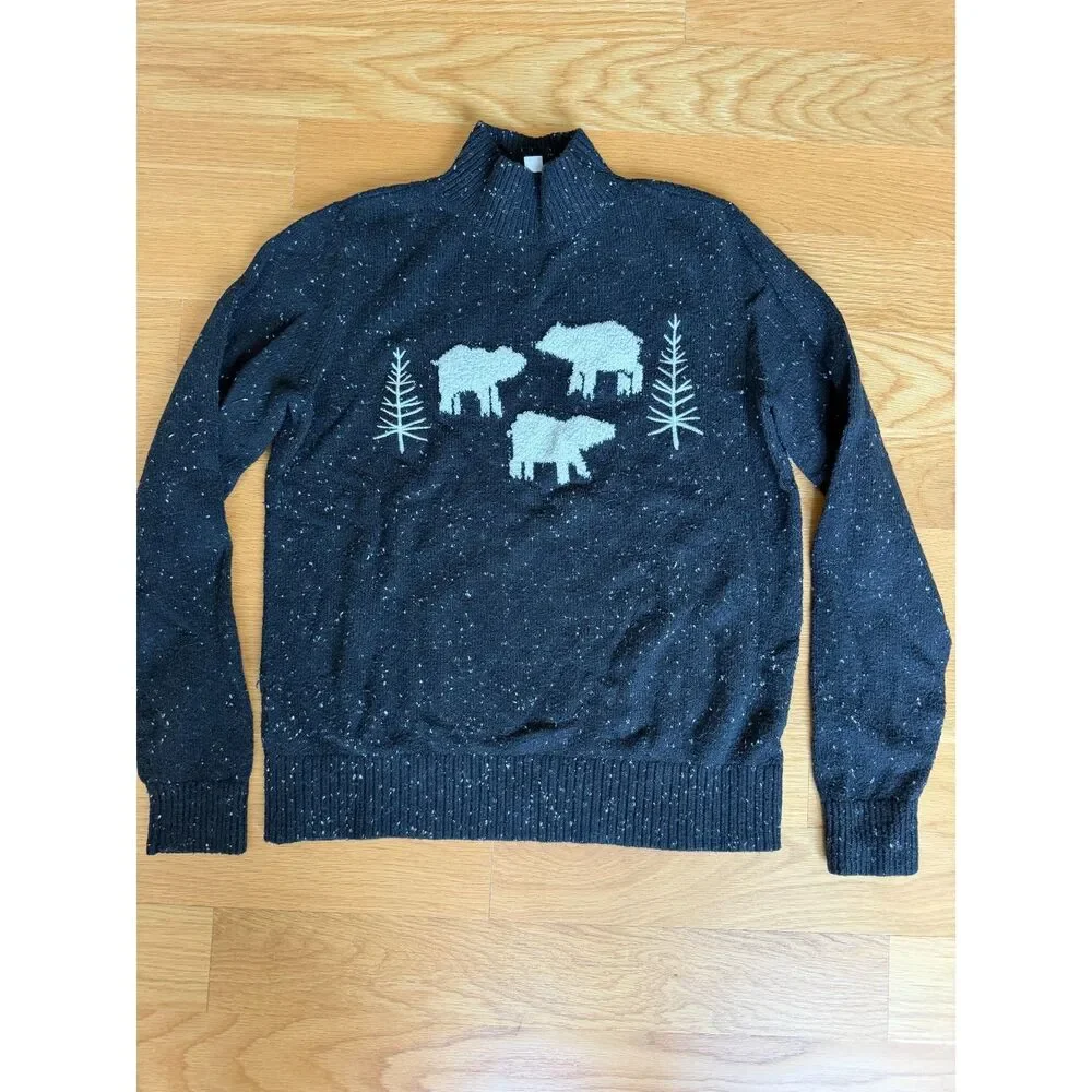 LOFT Polar Bear Sweater Size S Black White Speckled Mock Neck Winter